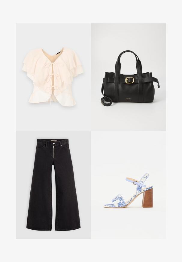 Blouse rose clair avec des volants superposés, décolleté en V et trois nœuds à l'avant. Tissu doux et design fluide.; Jean large en denim noir avec une fermeture éclair à l'avant, un design à cinq poches et des détails de couture subtils. Texture lisse et style décontracté.; Sandale imprimée de fleurs bleues avec un orteil carré, une large sangle et une sangle de cheville réglable, dotée d'un talon en bois texturé.; Sac à main en cuir noir présentant un design structuré, deux poignées supérieures, un accent de boucle en ton doré et un logo de la marque en relief à l'avant.