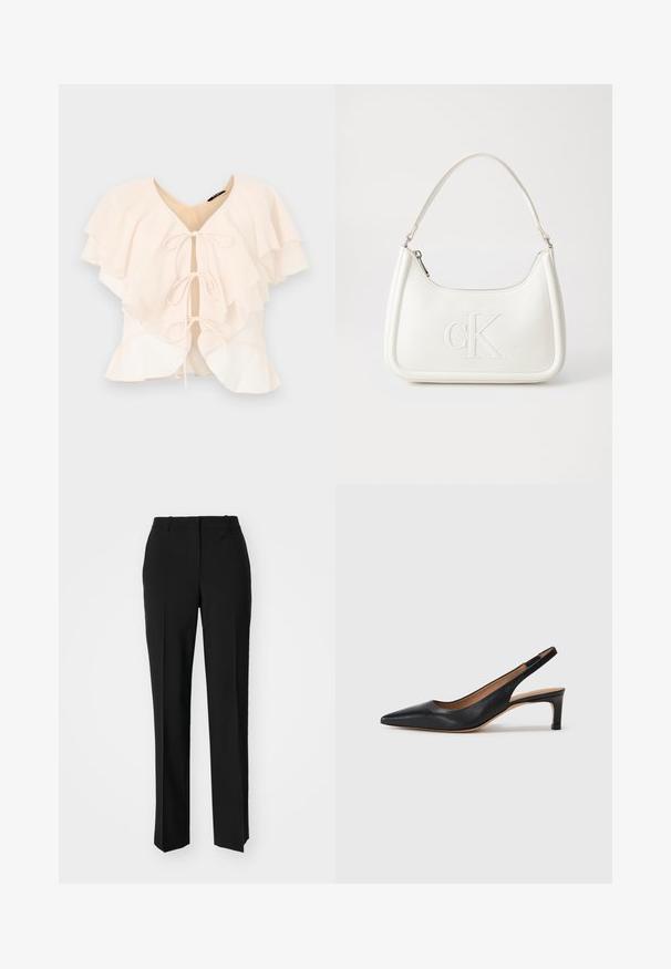 Lichtroze blouse met gelaagde ruches, V-hals en drie strikken aan de voorkant. Zacht materiaal en vloeiende uitstraling.; Zwarte op maat gemaakte broek met een recht model, voorzien van een soepele textuur en scherpe plooien aan de voorkant. Geen zichtbare hardware.; Zwarte leren slingback pump met een puntige neus, lage hak en een gladde textuur. Beschikt over een dunne verstelbare band voor een veilige pasvorm.; Witte lederen handtas met een gebogen vorm, voorzien van een reliëf "CK" logo aan de voorkant en een enkele schouderriem. Ritsluiting aan de bovenkant.