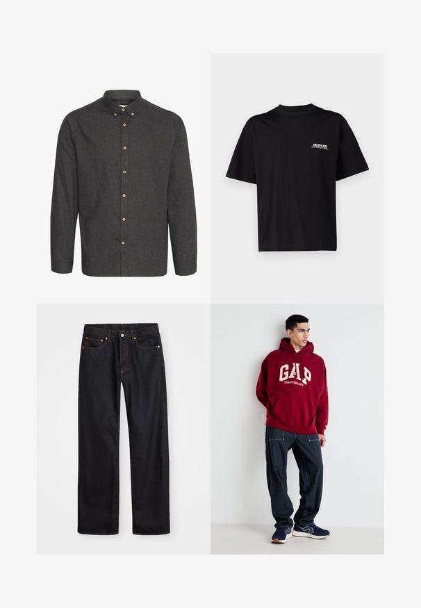 Dunkelgrauhe Hemd mit Knöpfen aus strukturiertem Stoff, langen Ärmeln, einem Kragen und braunen Knöpfen entlang der Vorderseite.; Schwarzes Baumwoll-T-Shirt mit kurzen Ärmeln, Rundhalsausschnitt und Druck auf der linken Brustseite in weißem und goldenem Text, mit einem entspannten Schnitt.; Herren gerade geschnittene schwarze Jeans aus Denim mit fünf Taschen und orangefarbenen Nähten, Knopf- und Reißverschluss vorne am Bund.; Bordeauxfarbener Kapuzenpullover mit "GAP" und "TIMES SQUARE" in Creme aufgedruckt, kombiniert mit navyblauen gestreiften Hosen und navyblauen Sneakern mit weißen Akzenten.