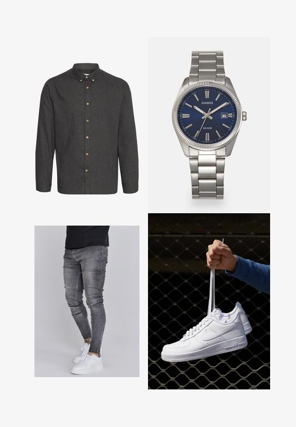 Chemise boutonnée gris foncé en tissu texturé, avec des manches longues, un col et des boutons beige sur le devant.; Jeans skinny en denim gris délavé, présentant des détails déchirés au niveau des genoux, associés à des sneakers blanches. Texture lisse, design ajusté.; Baskets en cuir blanc avec perforations, à bout rond, semelle plate et lacets épais, arborant un logo swoosh visible et "AIR" sur le talon.; Montre-bracelet en acier inoxydable argenté avec un cadran bleu marine, des index métalliques et un affichage de la date à 3 heures. Résistante à l'eau jusqu'à 50 mètres.