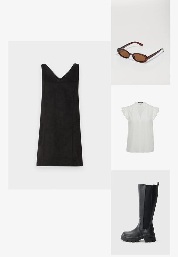 Biała bluzka z głębokim dekoltem w serek, krótkimi rękawami z misternym koronkowym wykończeniem oraz luźnym krojem. Gładka tekstura materiału.; Czarna sukienka bez rękawów z dekoltem w kształcie litery V, wykonana z miękkiego materiału, o prostym kroju i minimalnych detalach. Gładka tekstura.; Czarne kozaki za kolano z gładkiej skórzanej powierzchni i kontrastującymi elastycznymi panelami bocznymi. Gruba gumowa podeszwa z wyraźnym bieżnikiem.; Okrągłe, brązowe okulary przeciwsłoneczne z błyszczącą bordową oprawą. Cienkie ramiona z subtelnym detalem marki. Płaski kształt soczewek.; Wielokolorowa torba skórzana w kolorze burgundowym, o zaokrąglonym kształcie, z grubym uchwytem i zamknięciem na zamek. Charakteryzuje się gładką teksturą oraz plecionym wzorem.