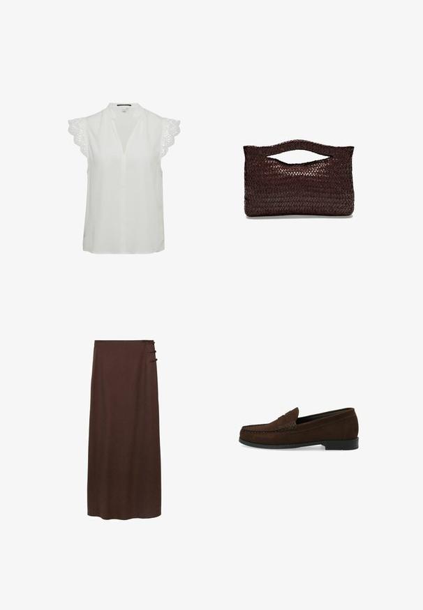 Blouse blanche avec un décolleté en V profond, des manches courtes ornées d'une dentelle délicate et une coupe décontractée. Tissu au toucher lisse.; Jupe marron, longueur sol, en matériau doux. Présente trois boutons décoratifs sur le côté près de la taille. Design simple et sans embellissements.; Mocassins en suède marron avec un bout cousu en mocassin, semelle plate en caoutchouc noir et une sangle décorative ainsi que des détails.; Sac à main en cuir tressé marron avec une poignée supérieure arrondie et une silhouette ouverte, présentant une surface texturée et un design épuré et minimaliste.