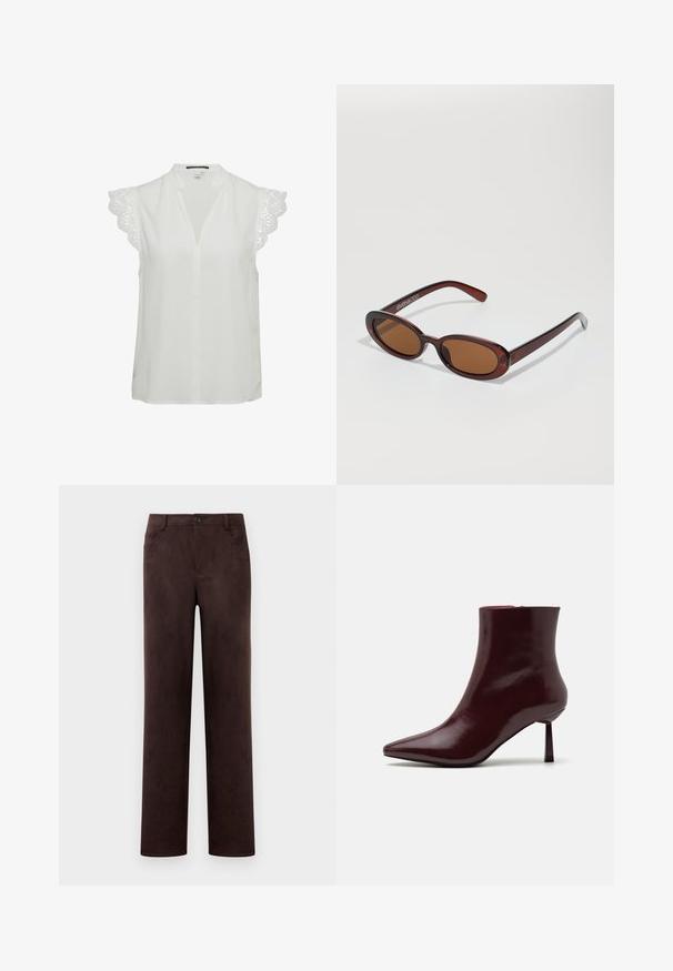 Blusa bianca con scollo a V profondo, maniche corte caratterizzate da un elaborato bordo in pizzo, e una vestibilità rilassata. Tessuto dalla consistenza liscia.; Pantaloni in suede marrone scuro a gamba dritta con chiusura anteriore a bottone e zip, passanti per cintura e tasche laterali.; Stivale alla caviglia in pelle laccata bordeaux con punta affusolata e tacco stiletto sottile, caratterizzato da una texture liscia e lucida e da un design minimalista.; Occhiali da sole rotondi con tonalità marrone, montatura lucida color bordeaux. Aste sottili con un sottile dettaglio del marchio. Design delle lenti piatte.; Borsa intrecciata color bordeaux con forma arrotondata e manico singolo, dotata di una superficie testurizzata e chiusura a coulisse elastica.