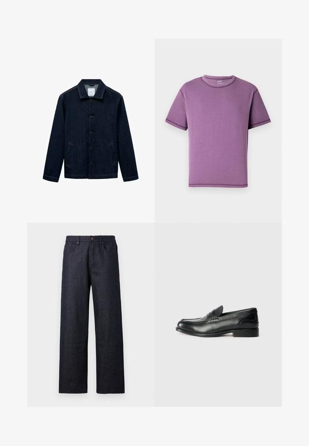 Tmavomodrá denimová bunda s golierom, zapínaním na gombíky, dvoma bočnými vreckami a rovný zakončením. Textúrovaná tkanina s klasickým neformálnym dizajnom.; Fialové tričko s krátkym rukávom vyrobené z mäkkej bavlny, s okrúhlym výstrihom a kontrastným šitím pozdĺž švov.; Námořnické modré džíny volného střihu s malým bílým puntíkovým vzorem, pěti kapsami a zapínáním na knoflík v pase.; Čierne kožené loafers s hladkým povrchom, prešívaním cez vampus a mierne vyvýšeným podpätkom.