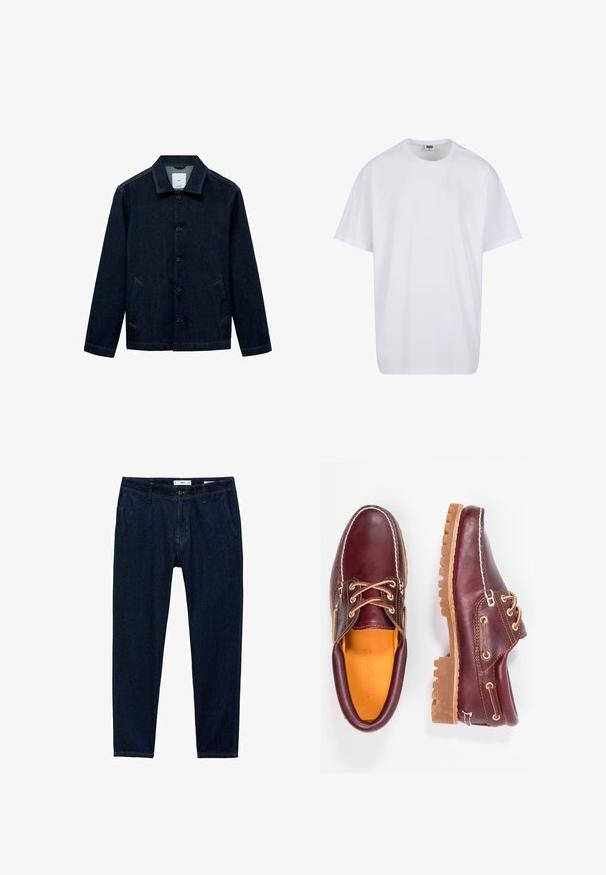 Tamno plava traper jakna s ovratnikom, prednjim kopčanjem na dugmad, dva bočna džepa i ravnim rubom. Teksturirana tkanina s klasičnim ležernim dizajnom.; Bijela pamučna majica s kratkim rukavima, zaobljenim izrezom, opuštenog kroja, bez vidljivih logotipa ili uzoraka. Glatka tekstura i minimalni dizajn.; Tamno plavi traperice ravnog kroja. Značajke uključuju pet džepova, petlje za pojas i zatvarač s gumbom.; Burgundske kožne cipele s smešnim gumenim potplatima, okruglim vrhom, bijelim šavovima i zlatnim rupama za vezivanje. Unutrašnjost ima žutu podstavu.