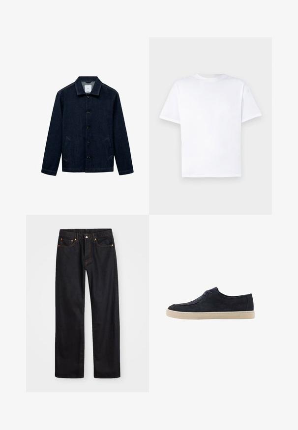 Tamno plava traper jakna s ovratnikom, prednjim kopčanjem na dugmad, dva bočna džepa i ravnim rubom. Teksturirana tkanina s klasičnim ležernim dizajnom.; Bijela pamučna majica s okruglim izrezom i kratkim rukavima. Glatka tekstura, ravni kroj, bez uzoraka ili dodataka. Pоглед sprijeda samo.; Muške traperice ravnog kroja, crne boje, s pet džepova i narančastim šavovima, sa zatvaranjem na dugme i patentni zatvarač na prednjem dijelu struka.; Mornarsko plava nubuk cipela s okruglim vrhom, s dva provrta za vezivanje, i kremasto bijelom gumenom potplatom. Glatka tekstura i minimalistički dizajn.