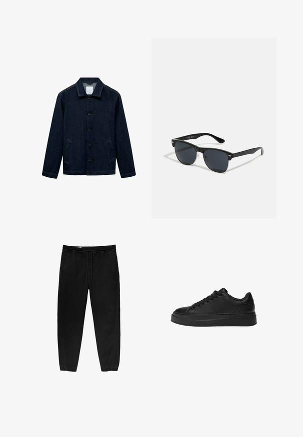 Giacca in denim blu scuro con colletto, chiusura a bottoni, due tasche laterali e orlo dritto. Tessuto testurizzato con un design classico e casual.; Pantaloni neri con cintura elastica e coulisse, gamba affusolata, tasche laterali e sottili dettagli di cucitura laterale. Tessuto in cotone morbido.; Sneaker nera realizzata in pelle liscia, con punta rotonda, suola piatta spessa e design classico con lacci a sei occhielli.; Occhiali da sole neri con forma rettangolare, lenti scure, dettagli in argento alle tempie e finitura opaca sulla montatura.