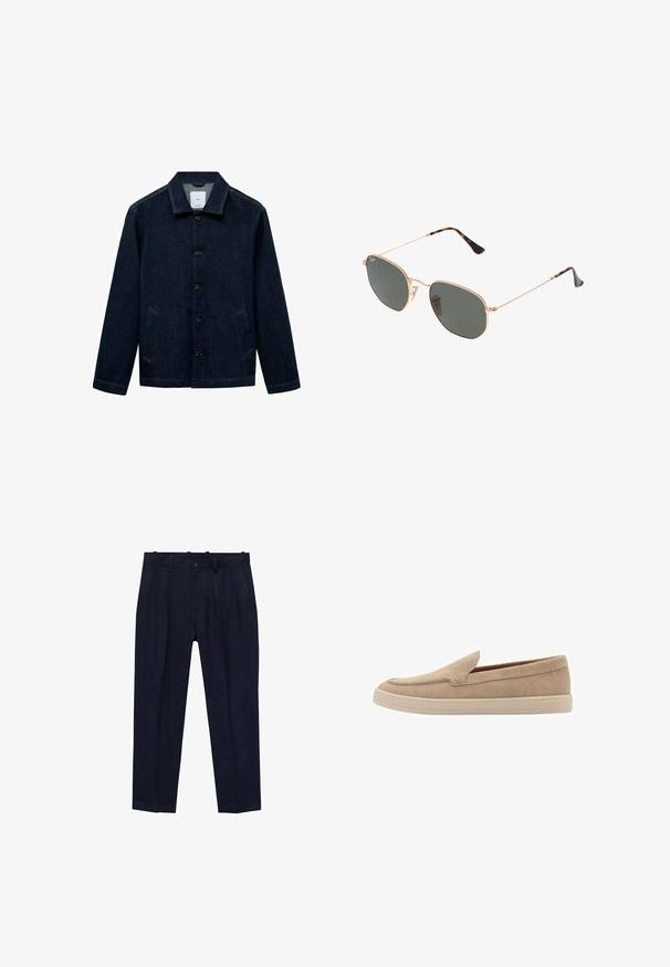 Giacca in denim blu scuro con colletto, chiusura a bottoni, due tasche laterali e orlo dritto. Tessuto testurizzato con un design classico e casual.; Pantaloni navy realizzati in tessuto liscio, con un fit leggermente sagomato, pieghe frontali, passanti per cintura e chiusura a un bottone.; Scarpa slip-on in suede beige con punta arrotondata e dettagli cuciti. Suola in gomma chiara con design a profilo basso.; Occhiali da sole con montatura in metallo dorato e lenti verde scuro, stile aviator, con aste sottili e dettagli in tartaruga sulle punte.