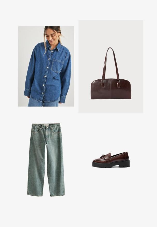 Niebieska koszula dżinsowa z guzikami z przodu, pojedynczą kieszenią na piersi i długimi rękawami. Charakteryzuje się luźnym krojem i lekkim wyblaknięciem.; Jasnoniebieskie, luźne dżinsy z wysokim stanem, cztery kieszenie i prosty krój nogawek; zawierają kontrastowe szwy oraz zapięcie na guzik.; Brązowe skórzane mokasyny o eleganckim designie, kontrastowej czarnej platformie oraz dekoracyjnym frędzlu na przodzie. Gładka tekstura.; Brązowa skórzana torebka z dwoma długimi uchwytami, o strukturalnym prostokątnym kształcie, gładkiej fakturze i zaokrąglonych krawędziach. Posiada akcentowane detale przy uchwytach.