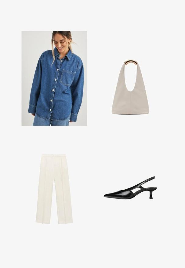 Blå denimskjorta med knäppning fram, en bröstficka och långa ärmar. Har en avslappnad passform och lätt blekning.; Breda byxor i en ljus krämfärg. Tillverkade av ett mjukt tyg med veck fram och sidofickor.; Svart lackläder slingback-klackar med spetsig tå, utskuren sidor och en liten fyrkantig klack. Slät textur med minimala accenter.; Ljusgrå läderväska med en U-formad design och ett böjt metallhandtag. Slät textur med minimal sömnad och inga synliga mönster.