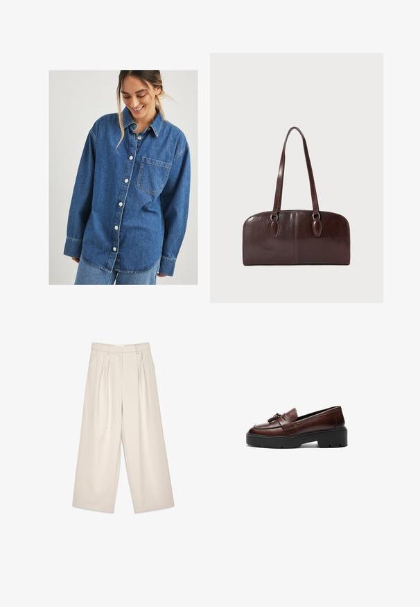 Modra denim srajca z gumbom spredaj, enim žepom na prsih in dolgimi rokavi. Ima sproščen kroj in rahel zbledel videz.; Bež hlače širokega kroja z plitvami, ki imajo gladko teksturo in zanke za pas. Šivana rez, ki nudi ohlapen fit okoli nog.; Rjavi usnjeni loafer s sijočim dizajnom, kontrastno črno platformo in dekorativnim dodatkom v obliki tupe na sprednjem delu. Gladka tekstura.; Rjava usnjena torbica z dvema dolgima ročajema, strukturirano pravokotno obliko, gladko teksturo in zaobljenimi robovi. Ima dodatne podrobnosti na ročajih.
