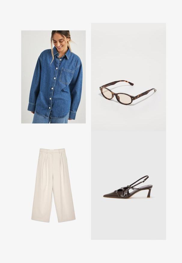 Blue denim shirt with a button-down front, single chest pocket, and long sleeves. Features a relaxed fit and slight fade.; Beige wide-leg trousers with pleats, featuring a smooth texture and belt loops. Tailored cut, offering a loose fit around the legs.; Brown patent leather slingback heel with a pointed toe, adjustable straps, and decorative buckles on the front. 3-inch heel height.; Tortoiseshell sunglasses with a rounded shape and light lenses. Features sturdy arms with small gold accents, made from plastic material.; Brown and white fur handbag with a soft texture, featuring an open top and a single dark brown strap. The design is slightly wavy at the top.