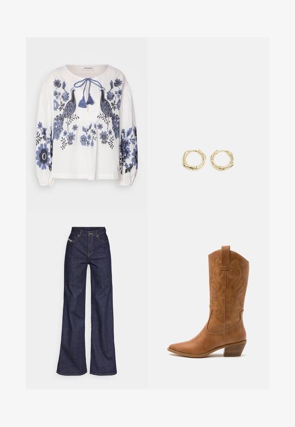 Balts kokvilnas blūze ar ziliem ziedu un pāva izšuvumiem, ar apaļu kakla izgriezumu, savilktām garajām piedurknēm un saitēšanas detaļu priekšpusē.; Tumši zili platleņķa džinsi no denima auduma ar augstu jostasvietu, ar oranžām šuvēm, piecu kabatu dizainu un pogu aizdari.; Brūni ādas kovboju zābaks ar norādītu purngalu, izšūtām viļņveida apakšējo detaļu un sakrautajiem blokiem. Iezīmēts ar velkšanas cilpu ērtai uzvilkšanai.; Zelta riņķveida auskari ar tekstūru un neregulāru formu. Iekļauj bezšuvju aizdari un pulētu virsmas apdari, uzsverot mūsdienīgu dizainu.