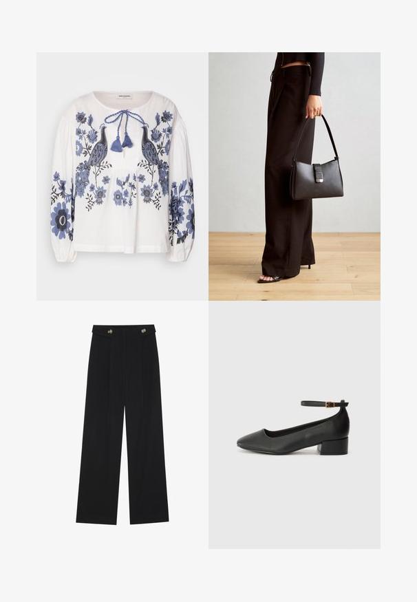 Blusa bianca in cotone con ricamo floreale blu e di pavone, con scollatura rotonda, maniche lunghe arricciate e dettaglio con nodo davanti.; Pantaloni neri a gamba larga con vita alta, dettagli con bottoni in vita e pieghe frontali.; Pump in pelle nera con punta affusolata e tacco basso a blocco. Presenta una cinghia alla caviglia con una fibbia in tonalità oro. Texture liscia.; Borsa nera con forma strutturata, texture liscia e una chiusura metallica. Abbinata a pantaloni neri larghi e sandali open-toe su un pavimento in legno.