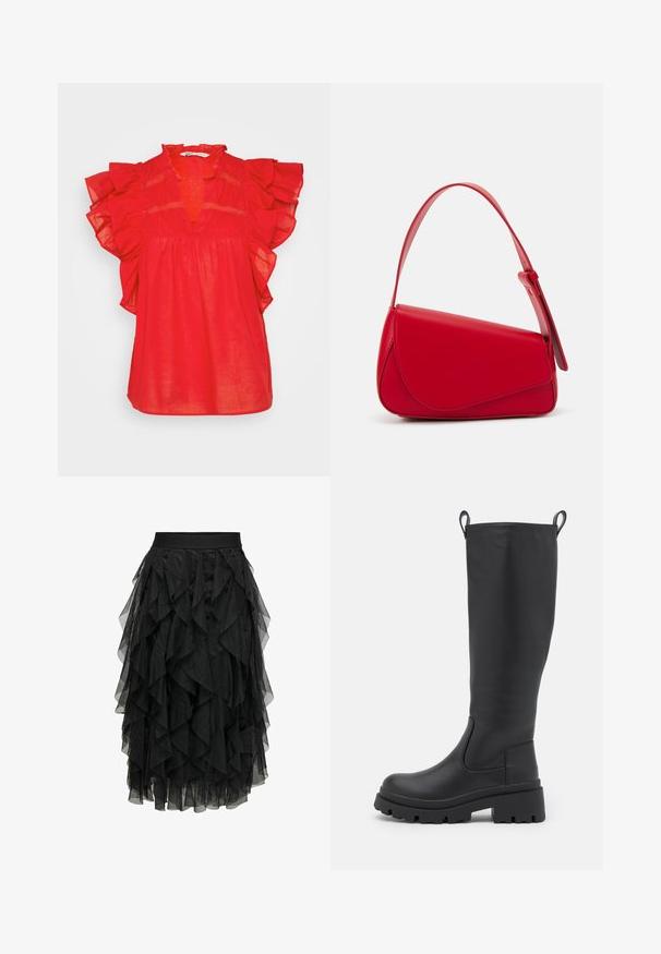 Rdeča bluzica s kratkimi rokavi in ruffles, globokim V-izrezom, nabranim pasom in lahkotnim materialom. Vključuje zapletene čipkaste detajle.; Črna midi krila iz plastičnega tila z naborkami. Ima elastico v pasu. Prozoren material dodaja teksturo in gibanje.; Črne škornje do kolen iz gladke usnja z masivnim podplatom in rahlim peto. Imajo zanke za potegniti in elastične stranske panele za enostavno obuvanje.; Rdeča usnjena torba z angularnim, geometrijskim dizajnom. Ima en samostoječ nastavljiv ročaj in pokrov, zaprt z zapiranjem, ki je okrašen s šivi.