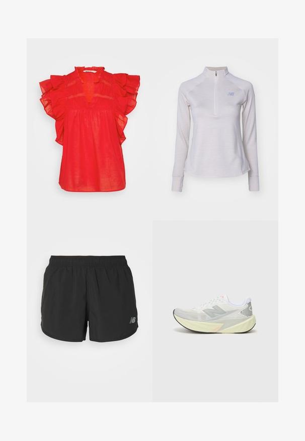 Sarkana, īsām piedurknēm blūze ar volānu akcentiem, dziļa V-veida kakla izgriezums, savācējs jostas vietā un viegls audums. Satur sarežģītu mežģīņu apdari.; Gaiši pelēks garām piedurknēm pus-zip puloveris ar smalkām svītrām, mīkstu tekstūru un mazu logo uz krūtīm. Iekļautas pieguļošas piedurknes.; Melni sporta šorti ar elastīgu jostasvietu, izgatavoti no viegla auduma. Iezīmēts ar mazu pelēku logotipu apakšējā labajā pusē.; Viegls skriešanas apavs ar pelēku un baltu sietu augšdaļu, izteiktu 'N' logotipu un dzeltenu vidusdaļu ar slīpām akcentiem. Melna zole.