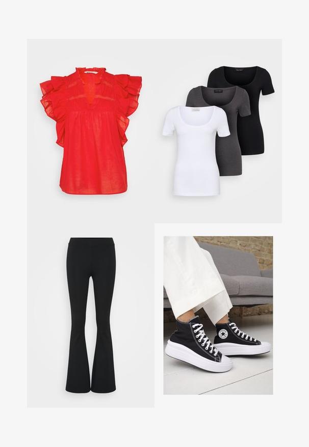 Raudona, trumpa palaidinė su raukiniais, giliu V formos iškirpimu, susiraukšlinta juosmaku ir lengvu audiniu. Yra sudėtingi nėrinių akcentai.; Trys priderinti marškiniai: balti, pilki ir juodi. Kiekvienas turi plačią apvalią iškirptę ir trumpas rankoves. Pagaminti iš lygaus, tamprių audinio.; Juodai platėjantys kelnių, pagamintų iš tamprių medžiagų, kurie turi aukštą juosmenį ir lygią tekstūrą. Kelnės platėja nuo kelio.; Juodi kanvasiniai aukšti sportbačiai su baltais guminiais padu ir raišteliais. Šonuose yra apskritas logotipas ir ryški balta siūlė.