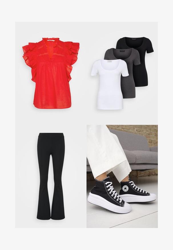 Blusa roja de manga corta con acentos de volantes, escote en V profundo, cintura fruncida y tejido ligero. Presenta intrincados detalles de encaje.; Tres camisetas ajustadas en blanco, gris y negro. Cada una cuenta con un escote amplio y mangas cortas. Están hechas de una tela suave y elástica.; Pantalones negros de campana hechos de una tela elástica, con una cintura alta y una textura suave. Los pantalones se ensanchan desde la rodilla.; Zapatillas altas negras con suelas de goma blancas y cordones blancos. Presentan un parche redondo con logo y costuras blancas contrastantes. Material de lona.