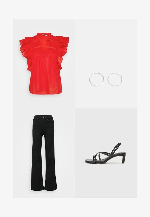 Červená blúzka s krátkym rukávom, volánovými detailmi, hlbokým véčkovým výstrihom, zozbieraným pásom a ľahkým materiálom. Obsahuje zložitú čipkovú výzdobu.; Čierne rozšírené džínsy vyrobené z denimu, s vysokým pásom, piatimi vreckami a kovovým zapínaním. Hladká textúra s minimálnym zdobením.; Čierne sandále na vysokom podpätku so štvorcovou špičkou a nízkym blokovým podpätkom. Obsahujú viacero tenkých popruhov a nastaviteľný členkový popruh. Vyrobené z hladkej kože.; Strieborné kruhové náušnice s elegantným, okrúhlym dizajnom, s hladkým povrchom a bez viditeľných ozdôb. Priemer nie je špecifikovaný.