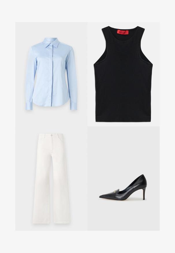 Világoskék, hosszú ujjú, gombos ing, klasszikus gallérral és sima anyagból készült. Egyenes szabású, gombos mandzsettával rendelkezik.; Fekete ujjatlan felső, puha pamutból készült. Kerek nyakkivágással és normál aljjal rendelkezik. Egyszerű dizájn, nincs látható minta vagy díszítés.; Fehér, magas derekú, bő szabású farmernadrág. Gombos záródással, két elülső zsebbel és oldalsó varrásokkal rendelkezik, amelyek varrási részleteket tartalmaznak.; Fekete bőr magassarkú cipő hegyes orral, alacsony dekoltázzsal és díszes arany részlettel. Stiletto sarokkal és sima felülettel rendelkezik.