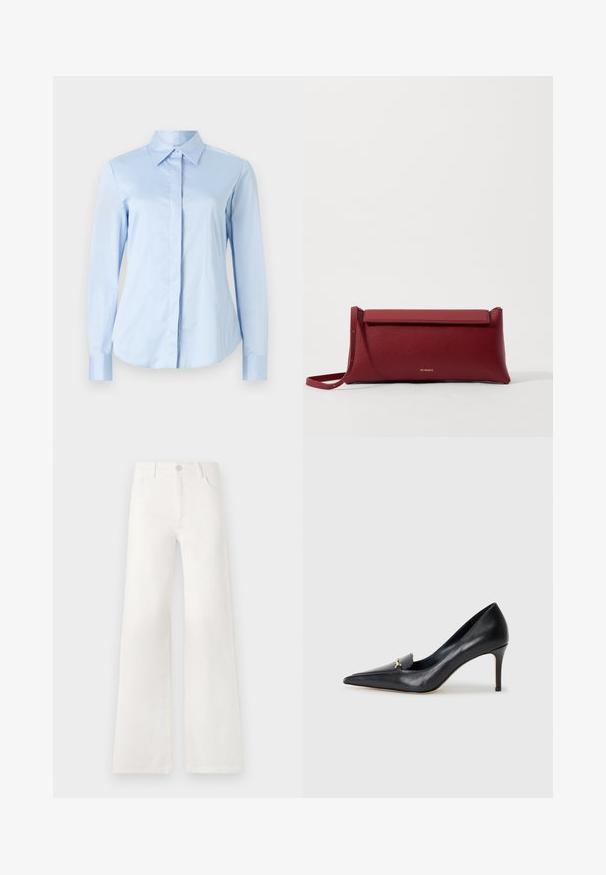 Light blue button-up shirt with long sleeves, classic collar, and smooth fabric. Features a straight cut and button cuffs.; Black sleeveless top made from soft cotton. Features a round neckline and standard hem. Simple design, no visible patterns or accents.; White, high-waisted wide-leg jeans made of denim. Features a button closure, two front pockets, and side seams with stitching details.; Black leather pump with a pointed toe, low-cut vamp, and a decorative gold accent. Features a stiletto heel and smooth texture.; Red leather clutch bag with a textured finish, featuring a flat fold-over top and a short strap. Subtle brand logo on the front.