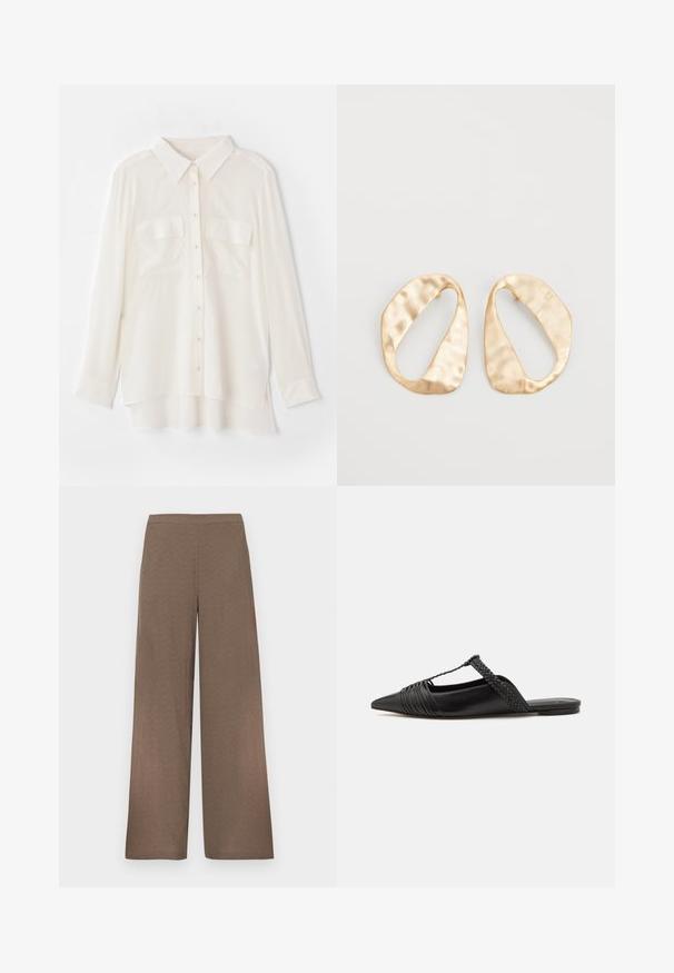 Camicia bianca a maniche lunghe realizzata in tessuto leggero. Presenta un colletto classico, due tasche sul petto e un orlo posteriore leggermente più lungo.; Pantaloni marroni a gamba larga con vita piatta, senza tasche o chiusure visibili, esposti su uno sfondo bianco.; Scarpa slingback in pelle nera con punta appuntita, con un dettaglio intrecciato e un design superiore plissettato. Suola piatta con hardware minimale.; Un paio di orecchini in metallo di tonalità dorata, di forma ovale irregolare, con superficie texturizzata e leggermente martellata, su uno sfondo bianco.