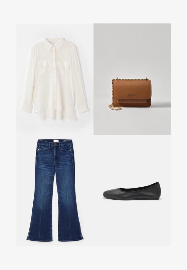 White button-up shirt made of lightweight fabric. Features a classic collar, two chest pockets, and a slightly longer back hem.; Dark blue flared jeans made from denim. Features a high waist, front pockets, and slit details at the hem.  Classic five-pocket design.; Black leather ballet flat with a rounded toe, smooth texture, minimal stitching detail, and a flexible sole design.; Brown textured leather crossbody bag with gold chain strap and flap closure. Front features logo detail and a pocket under the flap.