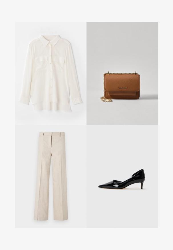 Bijela košulja s dugim rukavima od lagane tkanine. Ima klasičnu kragnu, dva džepa na prsima i blago duži stražnji rub.; Bež hlače širokih nogavica od laganog materijala, s glatkom teksturom i čistim prednjim plisiranim detaljima. Pojas je krojen s petljama za remen.; Ženske cipele na kitten heel s oštrim vrhom od crnog lakiranog kože, prikazane bočno na jednostavnoj svijetloj sivoj pozadini.; Smeđa kožna torba preko tijela s teksturom, zlatnim lančićem i preklopom na zatvaranju. Na prednjoj strani nalazi se detalj s potpisom i džep ispod preklopa.