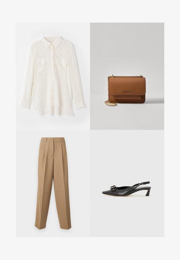 White button-up shirt made of lightweight fabric. Features a classic collar, two chest pockets, and a slightly longer back hem.; Beige tailored trousers with a high waist, pleated front, and wide-leg cut. The fabric appears smooth with a slight sheen.; Black leather slingback shoe with pointed toe, small heel, and decorative buckle detail on the upper. Smooth texture, minimalistic design.; Brown textured leather crossbody bag with gold chain strap and flap closure. Front features logo detail and a pocket under the flap.