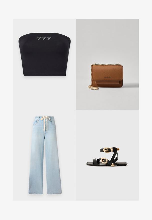 Crni bandeau top od glatkog materijala, s bijelim izvezenim brojevima "777" sprijeda. Bez naramenica, jednostavan dizajn.; Svijetloplave široke traperice izrađene od denima, s pojasom na vezanje i klasičnim dizajnom s pet džepova, s minimalnim izblijedjenjem.; Crne kožne sandale s zlatnim kopčama, s više trakica i ravnim đonom za nošenje s otvorenim prstima.; Smeđa kožna torba preko tijela s teksturom, zlatnim lančićem i preklopom na zatvaranju. Na prednjoj strani nalazi se detalj s potpisom i džep ispod preklopa.