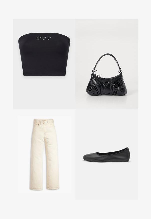 Čierny bandeau vrch vyrobený z hladkej textílie, na prednej strane zdobený bielou výšivkou čísel "777". Bez ramienok, jednoduchý dizajn.; Béžové široké džínsy vyrobené z bavlneného denimu. Vlastnosti zahŕňajú vysoký pás, zapínanie na gombík a dizajn s piatimi vreckami. Hladká a odolná textúra.; Čierne kožené baleríny s okrúhlou špičkou, hladkým povrchom, minimálnym prešívaním a flexibilným dizajnom podrážky.; Čierna kabelka z textúrovanej kože s okrúhlym tvarom. Má tenký ramenný popruh a dekoratívne embosované vzory.
