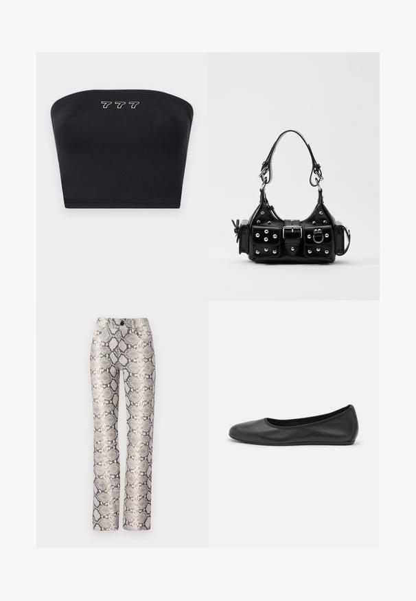 Top bandeau nero realizzato in tessuto liscio, con ricamo bianco dei numeri "777" sul davanti. Senza spalline, design semplice.; Pantaloni in stampa serpente in una combinazione di colori beige e grigio. Design a gamba dritta con finitura testurizzata e tasche frontali. Presentano una chiusura con bottone.; Pantofole da balletto nere in pelle con punta arrotondata, texture liscia, dettagli di cucitura minimi e design con suola flessibile.; Borsa a mano in pelle nera con design curvo, caratterizzata da borchie argentate, una fibbia e due tasche laterali. Tracolla regolabile per diverse opzioni di trasporto.