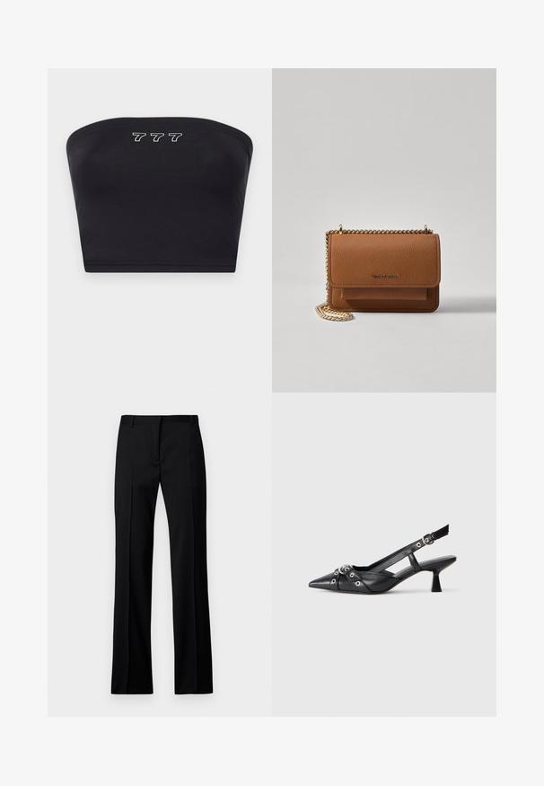 Black bandeau top made of smooth fabric, featuring white embroidery of the numbers "777" at the front. No straps, simple design.; Black straight-leg trousers in smooth fabric, featuring a flat front, belt loops, and no visible pockets or embellishments.; Black leather slingback shoe with a pointed toe, decorative straps featuring metal eyelets, and a low block heel. Textured surface.; Brown textured leather crossbody bag with gold chain strap and flap closure. Front features logo detail and a pocket under the flap.