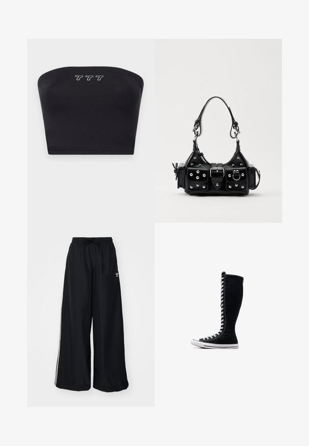 Černý bandeau top vyrobený z hladkého materiálu, s bílou výšivkou čísel "777" na přední straně. Bez ramínek, jednoduchý design.; Černé kalhoty s širokým střihem vyrobené z lehkého materiálu. Mají elastický pas se stahovací šňůrkou a bílé postranní pruhy. Na bocích se nachází logo značky.; Černé vysoké tenisky s vysokým designem, vyrobené z plátna. Mají bílé šňůrky, švy a gumovou podrážku s ochranným krytem na špičce.; Černá kožená kabelka s křivkovým designem, zdobená stříbrnými hřebíky, s přezkou a dvěma bočními kapsami. Nastavitelný popruh pro různé možnosti nošení.