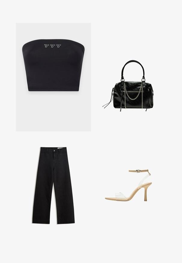 Fekete bandeau top sima anyagból, elől fehér hímzéssel a "777" számokkal. Karpántok nélkül, egyszerű dizájn.; Fekete, bő szabású farmernadrág magas derékkal, elülső és hátsó zsebekkel, varrott felületekkel és gombos záródással. Sima textúra.; Átlátszó felsőrészű, áttetsző sarkú szandál, bézs talpbetéttel és vékony bokapánttal. Hegyes orral és vékony, magas sarokkal rendelkezik.; Bershka WITH CHAIN - Kézitáska - black