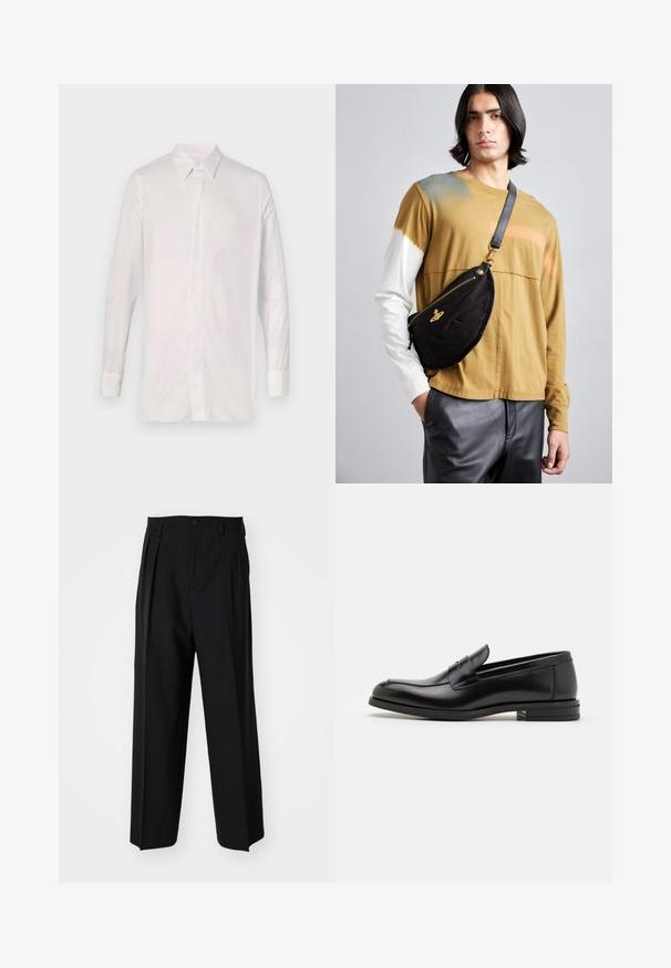 Pikad varrukad valgest särgist, mis on valmistatud siledast kangast. Omab klassikalist kraed, nööpide esipinda ja mansetiga varrukaid, millel on minimaalne kaunistus.; Mustad volditud püksid sirge ja laia säärega disainiga. Valmistatud siledast kangast, millel on nuppudega sulgemine ja vööaasad.; Mustad mustad nahast loafers sileda tekstuuriga, ümarat ninaosa ja dekoratiivne riba vampi üle. Madal kihiline konts, minimalistlik disain.; Vivienne Westwood CITY BUMBAG UNISEX - Puusakott - black