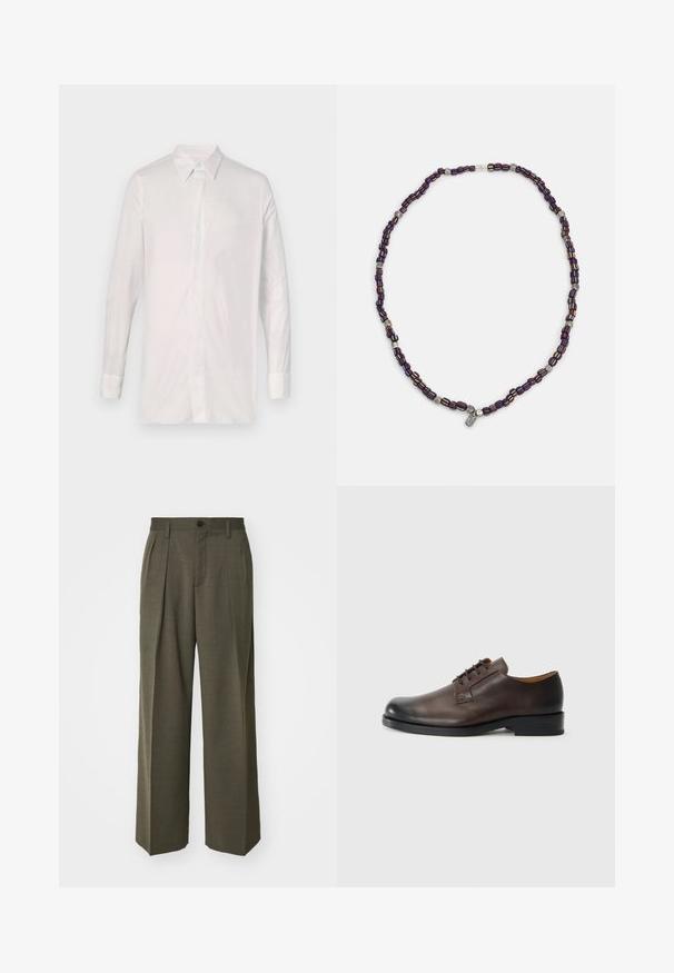 Long-sleeve white shirt made of smooth fabric. Features a classic collar, button front, and cuffed sleeves with minimal detailing.; Filippa K WIDE TROUSERS - Trousers - driftwood; Brown leather shoe with a rounded toe, low heel, lace-up design, and smooth texture. Features minimal stitching and a polished finish.; Multicolored beaded necklace with dark blue, red, and yellow beads, interspersed with silver accents and a dangling charm.
