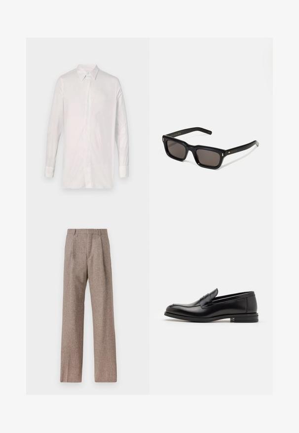 Camisa blanca de manga larga hecha de tela suave. Presenta un collar clásico, cierre frontal con botones y mangas con puños y un detalle mínimo.; Pantalones marrones de cintura alta hechos de una tela texturizada. Presentan piernas anchas y dos pliegues frontales para dar estructura. Acabado limpio sin hardware visible.; Mocasines de cuero negro con una textura suave, puntera redondeada y una tira decorativa en el empeine. Tacón bajo apilado, diseño minimalista.; Gafas de sol rectangulares negras con lentes oscuros, marco de plástico grueso, acentos dorados en las patillas y logotipo de la marca grabado en el brazo.