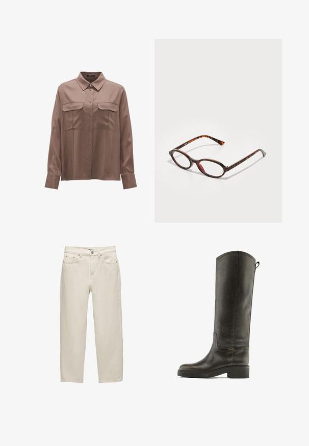 Chemise en satin marron avec manches longues, un col, deux poches poitrine et une fermeture à boutons. Présente une texture lisse et une coupe décontractée.; Jeans en denim blanc avec une coupe décontractée, présentant une jambe droite, un design à cinq poches et des accessoires en métal avec une texture subtile.; Botte en cuir vert foncé, haute jusqu'au genou, avec une texture lisse, un bout arrondi et un petit talon carré, dotée de coutures minimales et d'une languette.; Lunettes de soleil écaille de tortue avec des verres ovales, dotées d'une monture sombre avec des motifs marron clair et foncé, et de branches fines et courbées.; Sac à main en cuir marron avec deux poignées robustes, de forme rectangulaire, texture lisse et fermeture zippée. Design minimaliste sans motifs visibles.