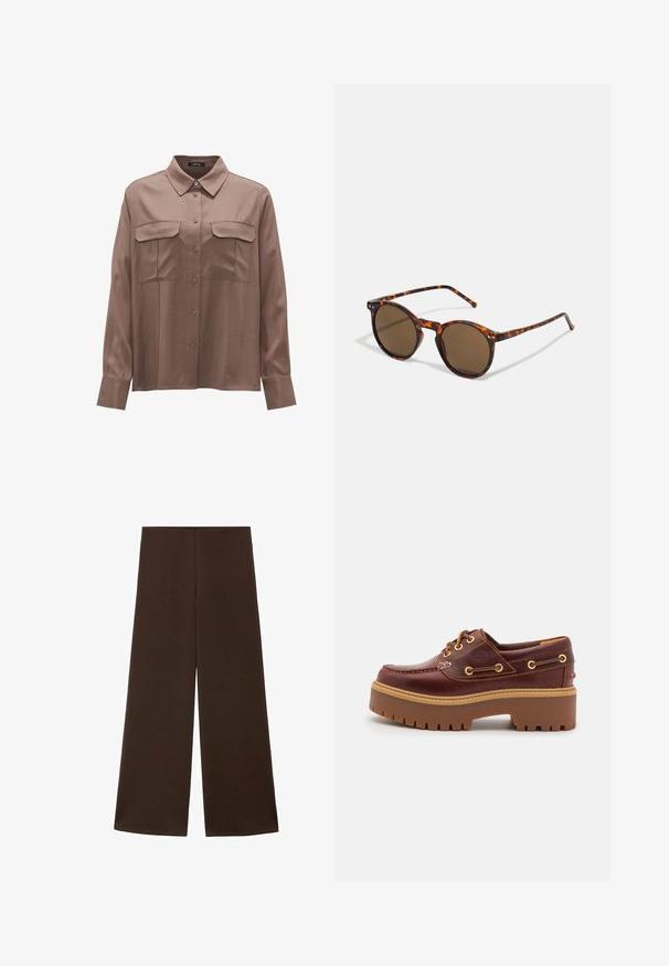 Braune Satinbluse mit langen Ärmeln, einem Kragen, zwei Brusttaschen und einer Knopfleiste. Hat eine glatte Textur und eine lässige Passform.; Weite Hosen aus einem glatten, dunkelbraunen Stoff. Sie haben einen hohen Bund und ein minimalistisches Design ohne Verzierungen.; Braune Lederbootsschuhe mit einer massiven braunen Gummisohle, goldenen Ösen und kontrastierenden Nähten. Mit einem Logo an der Seite.; Runde Sonnenbrillen mit Schildpattrahmen und braunen Gläsern. Bietet dünne Bügel mit leichter Textur und Metallakzenten in der Nähe der Gläser.