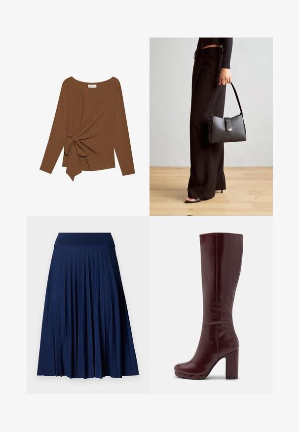 Brauner Langarm-Top mit weitem Ausschnitt und Knoten-Detail auf einer Seite, aus weichem, strukturiertem Stoff.; Marineblauer gefälteter Rock mit breitem Taillenbund, aus glattem Stoff gefertigt. Verfügt über vertikale Falten und reicht bis zur Mitte der Waden.; Anna Field High Heel Stiefel - red; Schwarze Handtasche mit strukturierter Form, glatter Textur und einem metallischen Verschluss. Kombiniert mit weiten schwarzen Hosen und offenen Sandalen auf einem Holzboden.