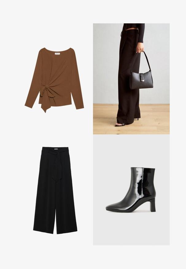 Maglia marrone a maniche lunghe con scollatura ampia e un dettaglio a nodo su un lato, realizzata in tessuto morbido e testurizzato.; Pantaloni neri a gamba larga caratterizzati da un tessuto testurizzato, una vita elastica e una cintura staccabile per una vestibilità regolabile.; Stivaletto in pelle verniciata nera con punta a punta e tacco a blocco di altezza media. Texture liscia e design minimalista.; Borsa nera con forma strutturata, texture liscia e una chiusura metallica. Abbinata a pantaloni neri larghi e sandali open-toe su un pavimento in legno.