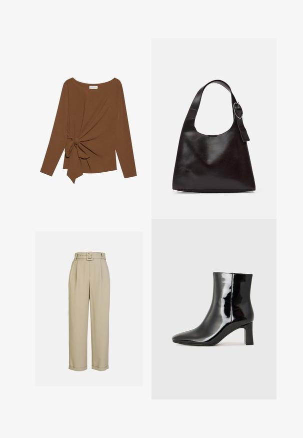 Brauner Langarm-Top mit weitem Ausschnitt und Knoten-Detail auf einer Seite, aus weichem, strukturiertem Stoff.; Beige, hoch taillierte Hose mit weitem Bein, mit Falten, einem passenden Gürtel mit rechteckiger Schnalle und umgeschlagenen Säumen.; Schwarzer Lackleder-Stiefelette mit spitzer Zehe und einem mittelhohen Blockabsatz. Glatte Textur und minimalistisches Design.; Braune Lederumhängetasche mit glatter Textur, runder Form, breitem Tragegurt und metallischem, kreisförmigem Akzent am Griff.
