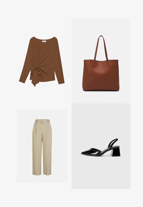Brown long-sleeve top featuring a wide neckline and a knot detail on one side, made of soft, textured fabric.; Beige, high-waisted trousers with a wide-leg design, featuring pleats, a matching belt with a rectangular buckle, and cuffed hems.; Black patent leather slingback heels with a pointed toe and a geometric block heel. Features a sleek, minimal design and smooth texture.; Brown leather tote bag with a smooth texture, open top design, and two shoulder straps. Features minimal stitching and no visible hardware.