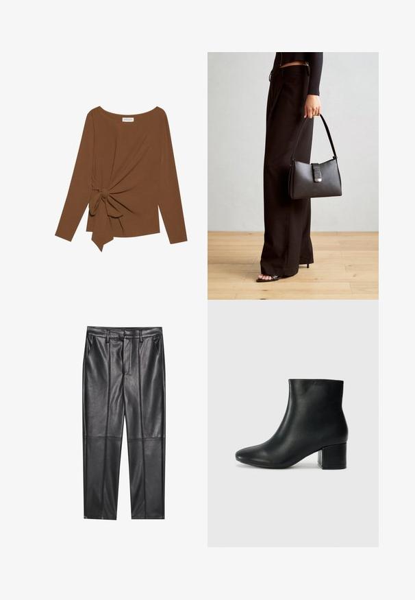 T-shirt brun à manches longues avec un col large et un détail de nœud sur un côté, fabriqué dans un tissu doux et texturé.; Pantalons en cuir noir avec une texture lisse, présentant une coupe droite, deux poches avant et des coutures visibles.; Bottines en cuir noir avec un bout pointu et un talon épais. Texture lisse avec des accents minimalistes et un design élégant et ajusté.; Sac à main noir à la forme structurée, texture lisse et fermoir métallique. Associé à un pantalon noir ample et des sandales ouvertes sur un sol en bois.