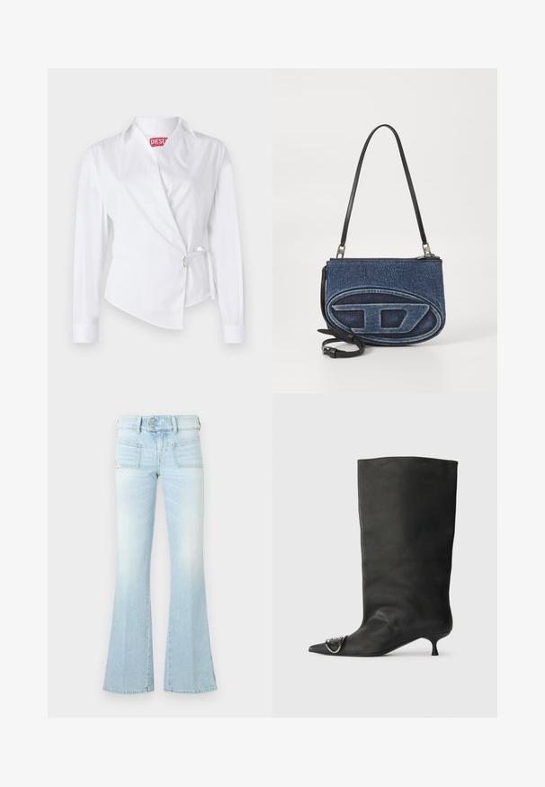 Cămașă albă cu mânecă lungă, cu un design înfășurat, având un guler ascuțit, un tie lateral și un etichetă cu logo în roșu. Fabricată dintr-un material neted cu o textură crocantă.; Blugi evazați de culoare albastru deschis, din denim decolorat, cu două buzunare frontale, talie cu nasturi și detalii de cusătură contrastante. Textură netedă.; Botină neagră din piele cu vârf ascuțit, toc mic și detaliu metalic pe vârf. Textură netedă, mată pe întreaga suprafață.; Geantă crossbody din denim cu un maner din piele neagră, design oval al logo-ului pe față și închidere cu fermoar în partea de sus. Finisaj texturat.