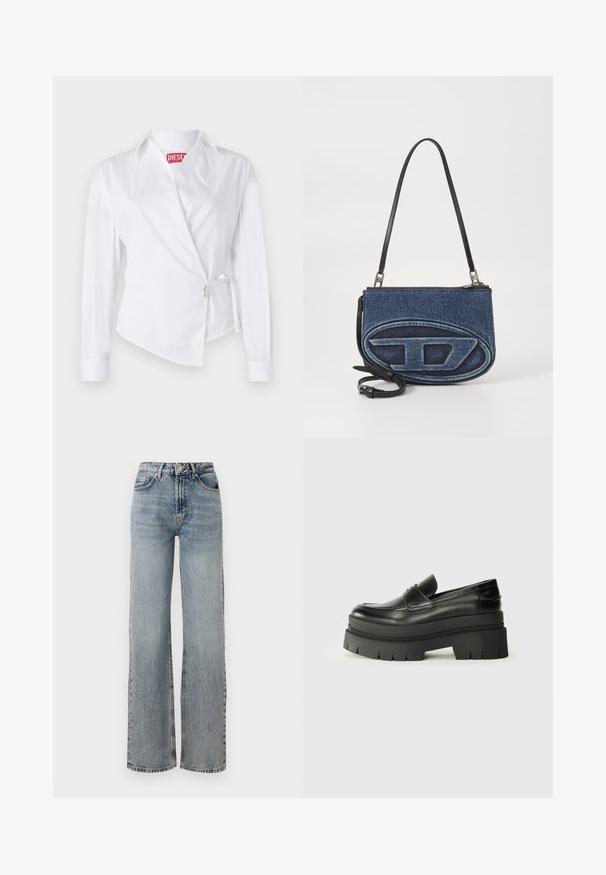 White long-sleeve shirt with a wrap design, featuring a pointed collar, side tie, and logo tag in red. Made of smooth fabric with a crisp texture.; Light blue denim jeans with a high waist, wide-leg design, faded finish, and subtle distressed detailing. Classic five-pocket styling.; Black leather loafers with a chunky platform sole. Rounded toe, front seam detail, and subtle stitching accents. Flat, textured outsole.; Denim crossbody bag with a black leather strap, oval logo design on the front, and a zip closure at the top. Textured finish.