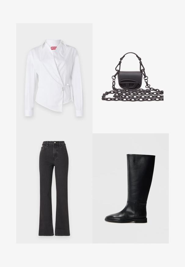 Bela dolga majica s rokavi, zasnovana z zavitjem, ki ima koničast ovratnik, stranski vozel in rdečo oznako z logotipom. Izdelana je iz gladkega blaga s svežim teksturo.; Črne kavbojke s visokim pasom in razširjenimi hlačnicami, narejene iz denima, z gumbom za zapiranje, zankami za pas in stranskimi žepi. Gladka tekstura z minimalnim bledenjem.; Črne usnjene škornje do kolen z zaobljenim nosom, gladko teksturo, minimalističnim dizajnom in ravnim podplatom. Preproste šivane detajle na zgornjem delu.; Majhna črna ročna torbica iz gladke usnje, s zaobljeno obliko, logotipom na sprednji strani in strukturiranim verižnim ročajem.