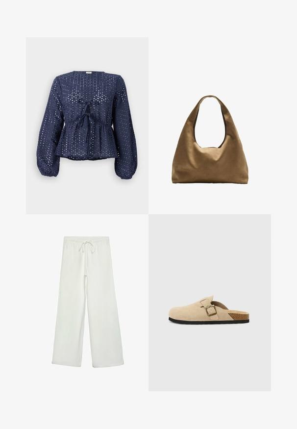 Blusa blu navy in tessuto a occhio di pernice con scollo a V, maniche lunghe, vita cinchata e dettaglio con fiocco davanti.; Pantaloni bianchi a gamba larga realizzati in un tessuto morbido. Presentano un elastico in vita con cordino e una consistenza liscia. Senza motivi visibili o accessori.; Zoccoli beige in suede con piede in sughero, punta rotonda e una semplice fascia con una fibbia dorata. Suola in gomma per una buona aderenza.; Borsa a spalla in tessuto marrone con un corpo ampio e arrotondato e una grande maniglia a taglio. Texture morbida, design minimalista e senza hardware visibile.