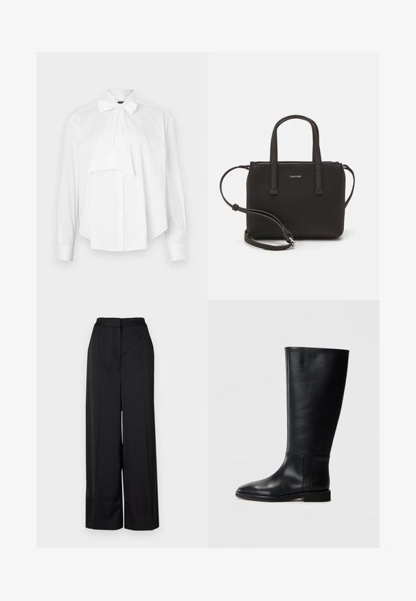 Weißes Blusenshirt mit langen Ärmeln, Kragen mit Schleife, Knopfleiste und bequemer Passform. Hergestellt aus glattem Stoff ohne Muster oder Akzente.; Schwarze, weit geschnittene Hosen aus glattem Stoff, mit hohem Bund und einer klaren, gefalteten Vorderseite in minimalistischer Optik.; Schwarze Lederstiefel bis zum Knie mit runder Zehenform, glatter Textur, minimalistischem Design und flacher Sohle. Einfache Nahtdetails am Schaft.; Schwarze Handtasche mit zwei kurzen, doppelt geflochtenen Griffen und einem abnehmbaren Schulterriemen. Glattes, lederähnliches Material mit einem Reißverschluss und Logodetail.
